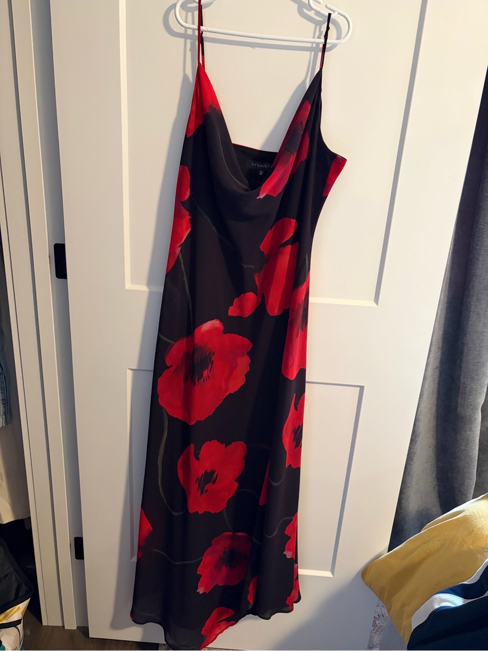 Dynamite Black Slip Midi Dress with Red Floral Print